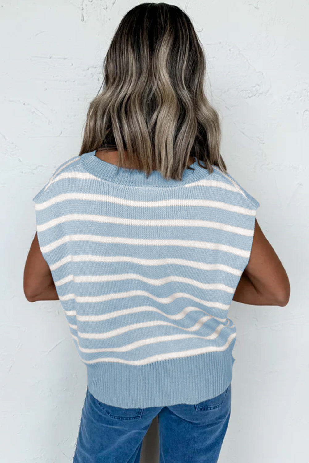 Beau Blue Side Slits Crewneck Short Sleeve Sweater Tee