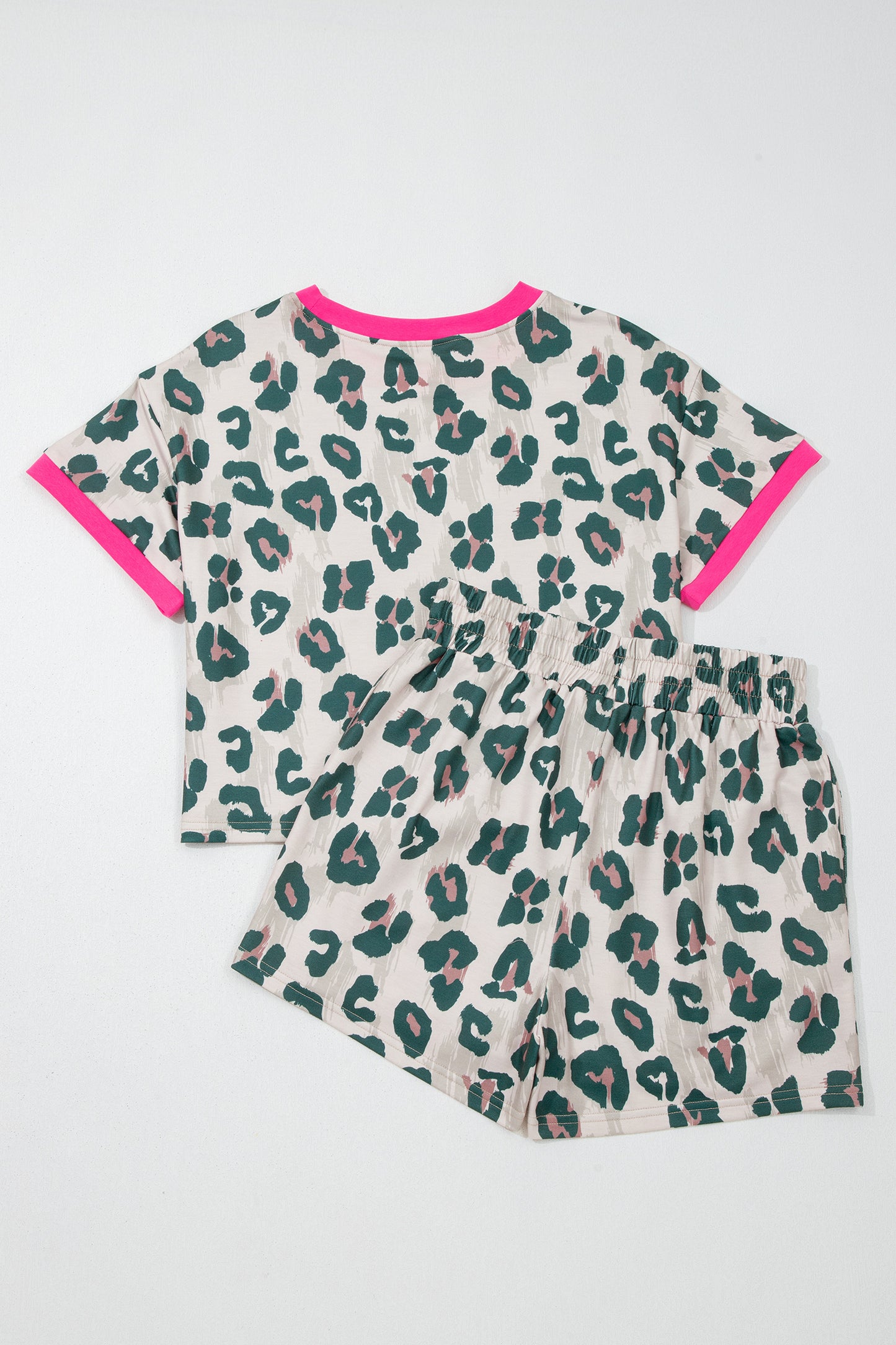 Brown Unique Leopard Print Contrast Trim Top Loose 2pcs Short Set