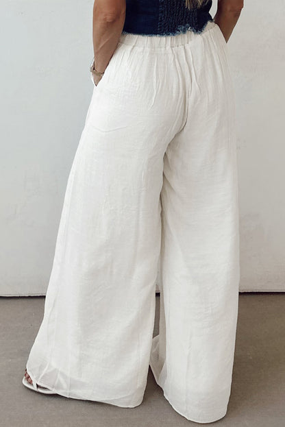 White Solid Drop Waist Pleated Wide Leg Casual Pants