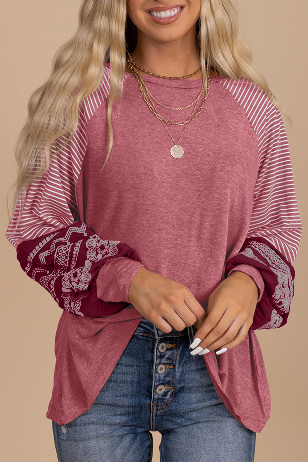 Navy Blue Contrast Print Striped Raglan Long Sleeve Loose Top