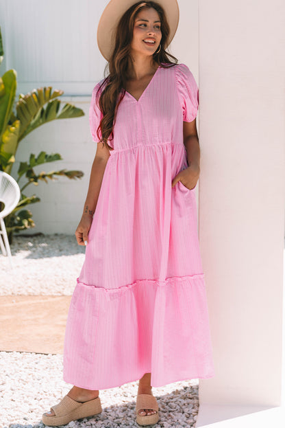 Pink Stripe V Neck Puff Short Sleeve Maxi Dress