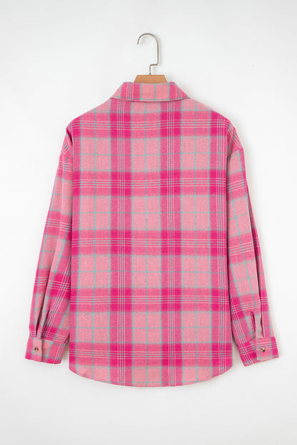 Sachet Pink Plaid Print Rounded Hem Long Sleeve Shirt with Pockets