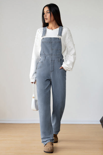 Dark Blue Retro Bib Pocket Buckle Straps Casual Denim Jumpsuit