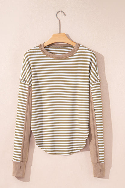 Khaki Stripe Thermal Knit Drop Shoulder Casual Top