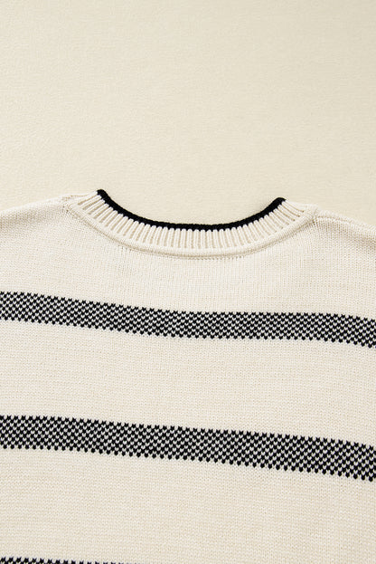 Apricot Stripe Wide Sleeve Drop Shoulder Crew Neck Plus Sweater
