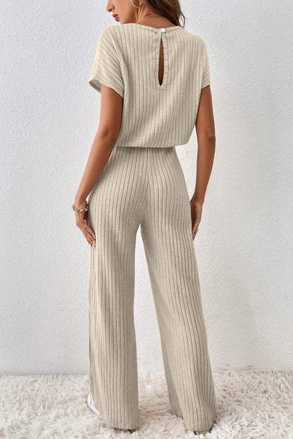 Black Ribbed Keyhole Short Sleeve Wide Leg Jumpsuit