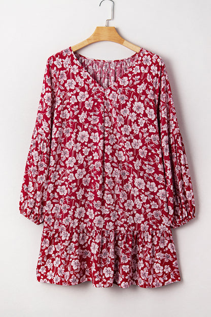 Purple Plus Floral Balloon Sleeve V Neck Relaxed Dress