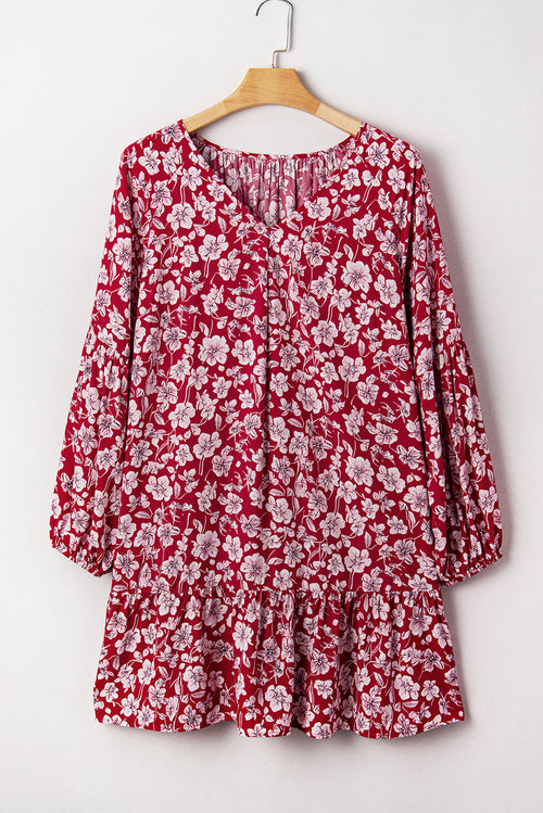 Purple Plus Floral Balloon Sleeve V Neck Relaxed Dress