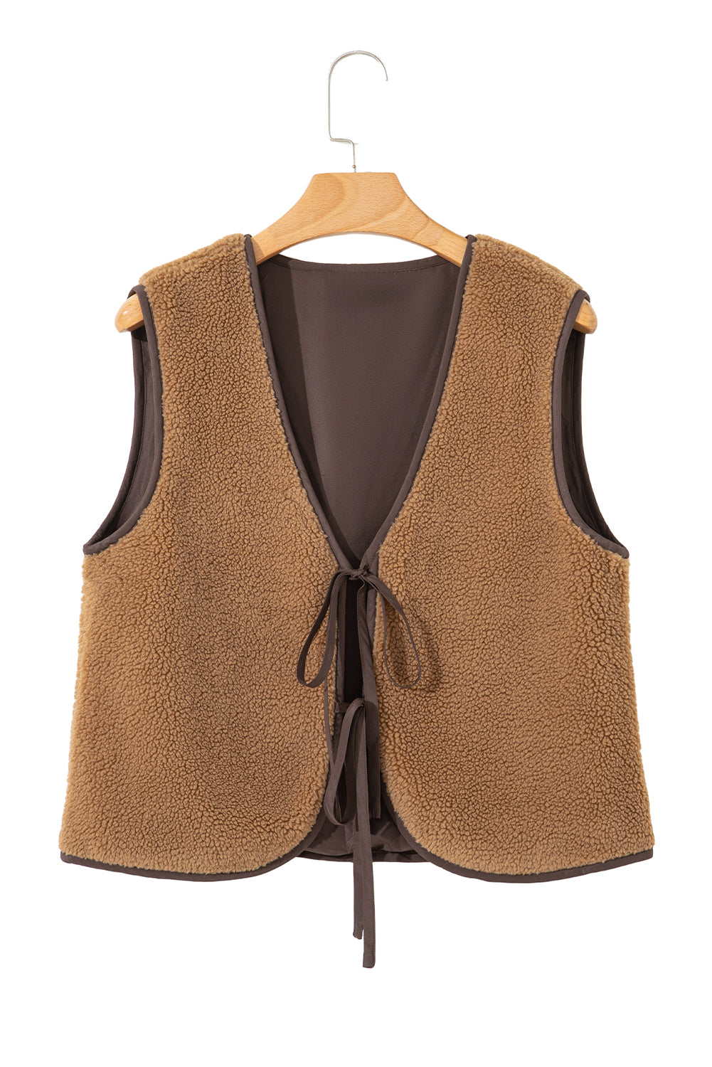 Light French Beige Contrast Trim Tie Front Sherpa Vest