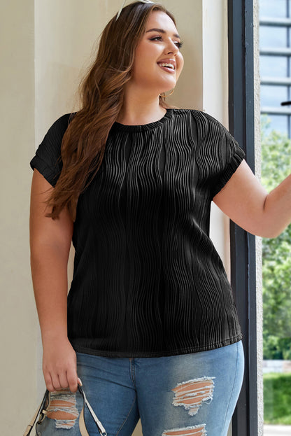 Black Solid Color Wavy Textured Plus Size Tee