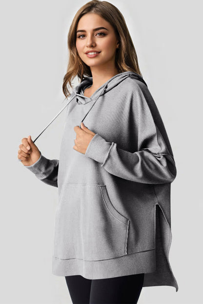 Black Waffle Knit Fleece Lined High Low Oversized Hoodie