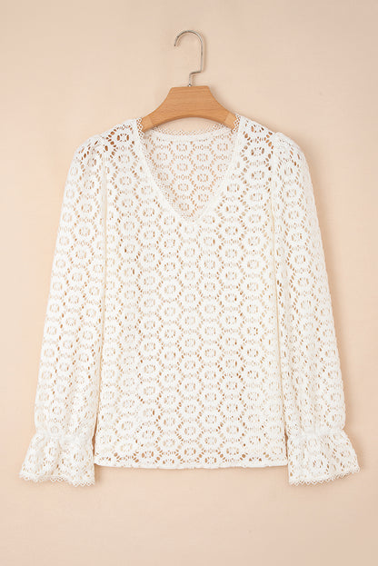 Beige Flower Lace V Neck Ruffled Sleeve Top