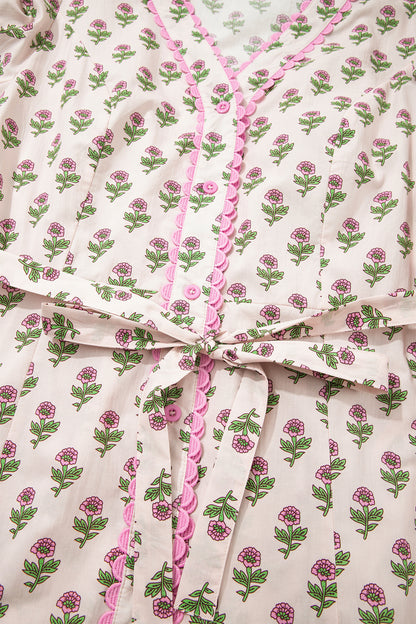 Pink Floral Print V Neck Scallop Trim Button Front Short Sleeve Long Dress