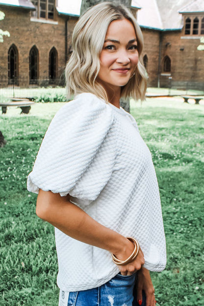 Phalaenopsis Solid Textured O Neck Puff Sleeve Blouse