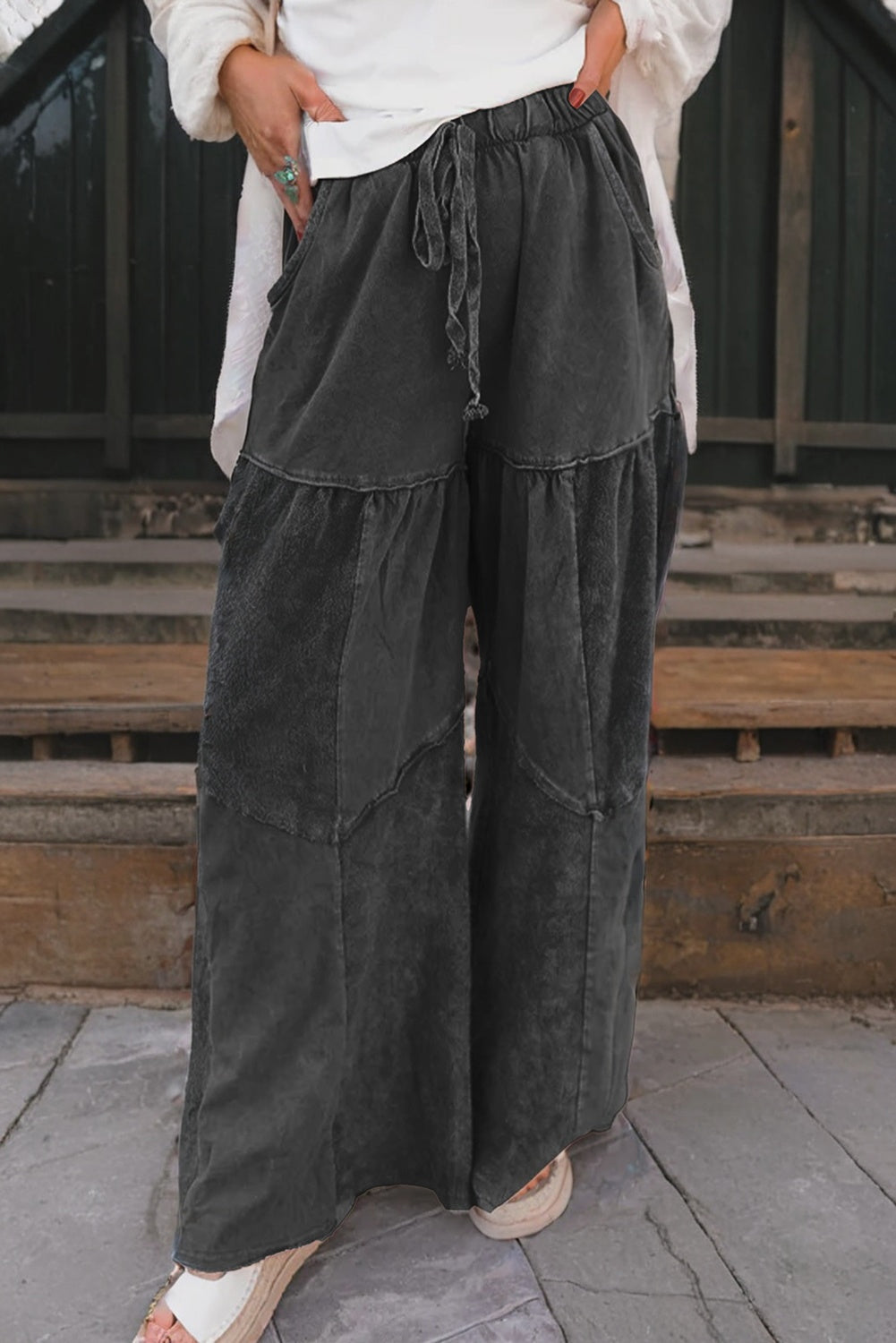 Vineyard Green Mineral Wash Tiered Wide Leg Patchwork Drawstring Pants