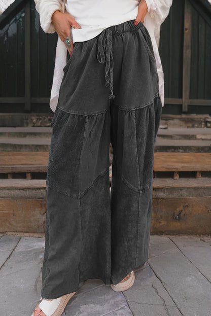 Vineyard Green Mineral Wash Tiered Wide Leg Patchwork Drawstring Pants
