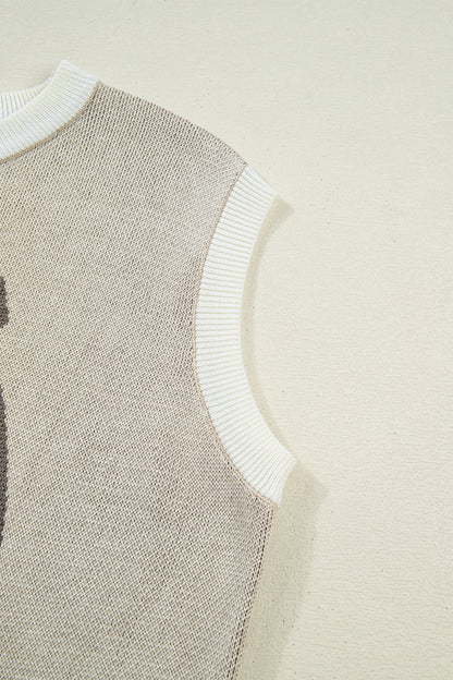Parchment Horse Shoe Print Color Block Trim Round Neck Sleeveless Sweater