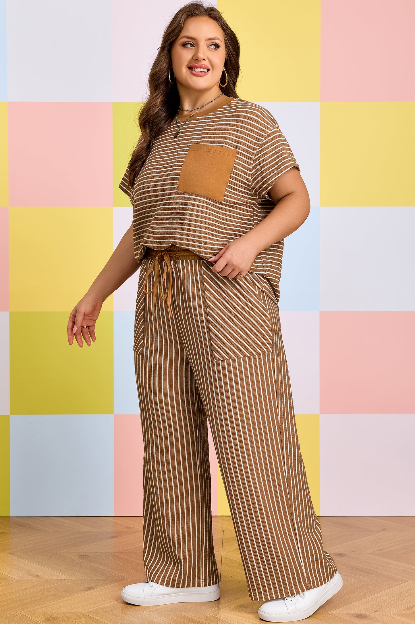 Khaki Stripe Plus Size Striped Colorblock Pocket Lounge Set
