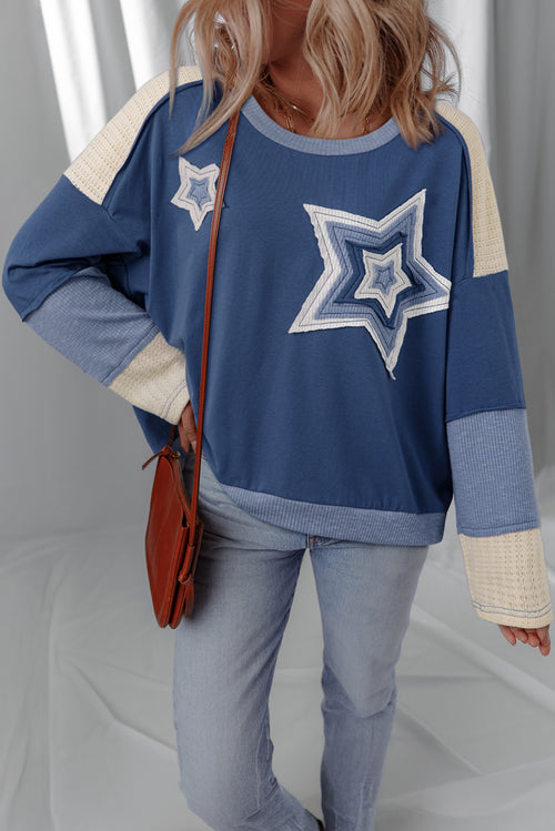 Dark Blue Contrast Knitted Colorblock Star Patchwork Oversize Long Sleeve Top