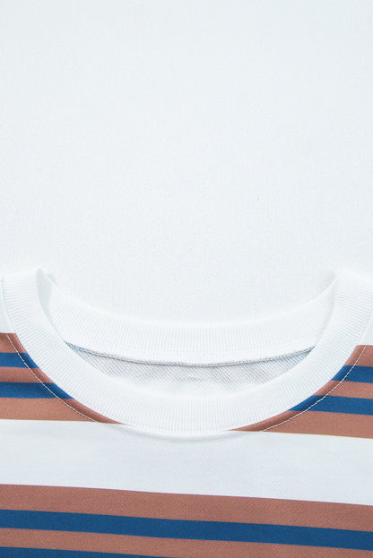 Khaki Stripe Crew Neck Drop Shoulder Pullover Sweatshirt