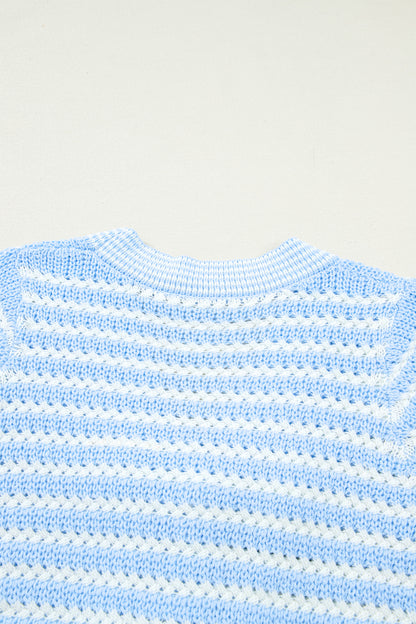 Sky Blue Stripe Short Sleeve Knit V Neck Bow Knot Sweater