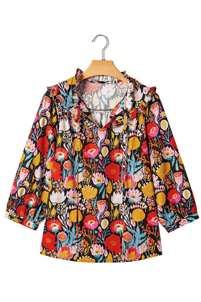 Black Floral 3/4 Puff Sleeve Tied Neck Blouse