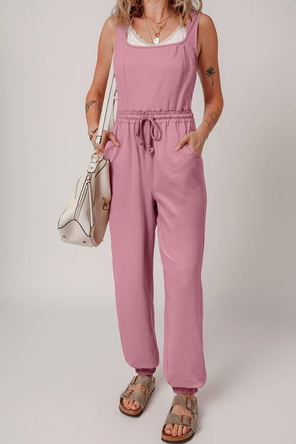 Light Pink Lace-up Elastic Waist Sleeveless Square Neck Jumpsuit