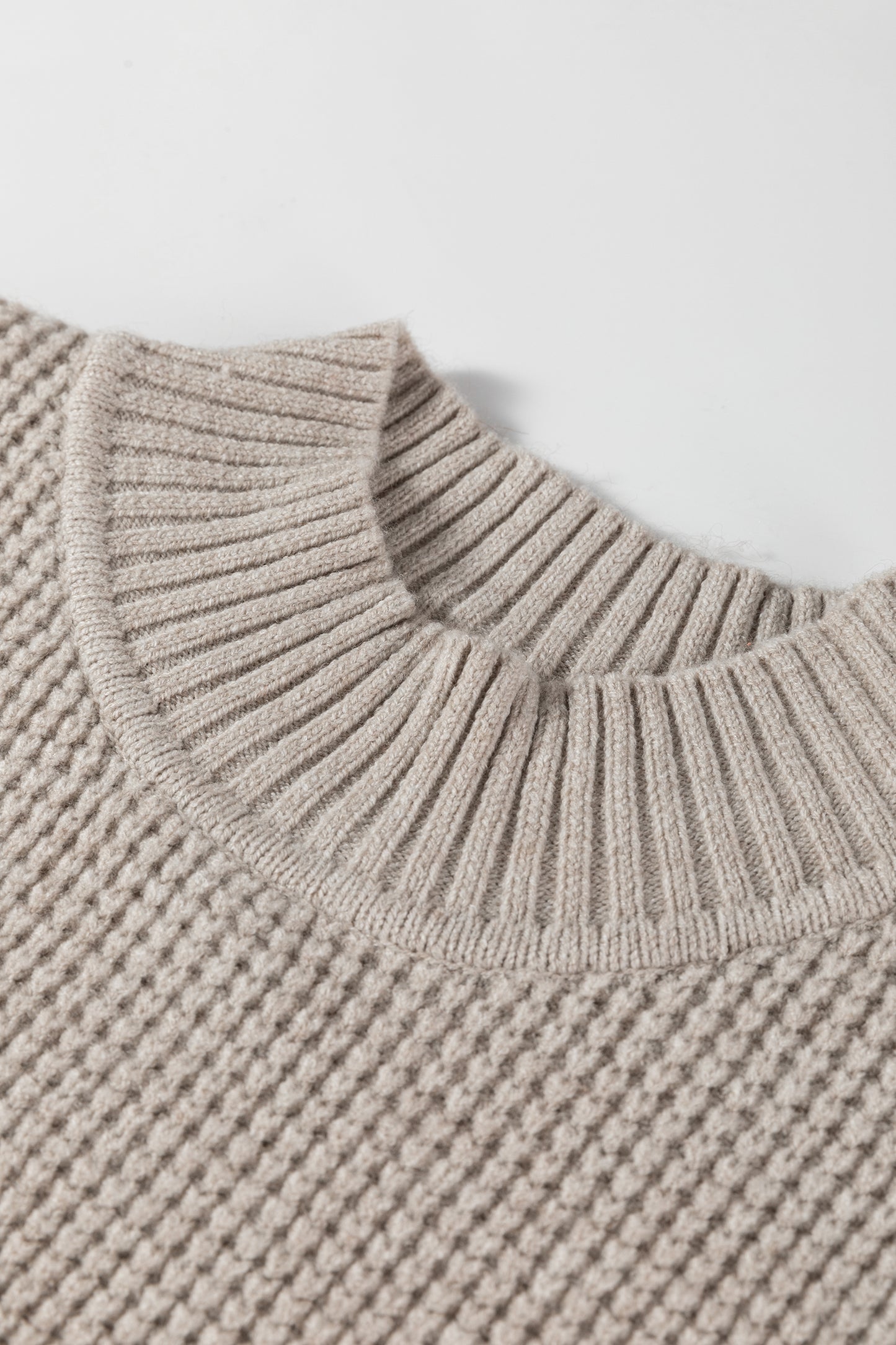 Gray Morn Waffle Texture Knit Ribbed High Neck Drop Shoulder Sweater