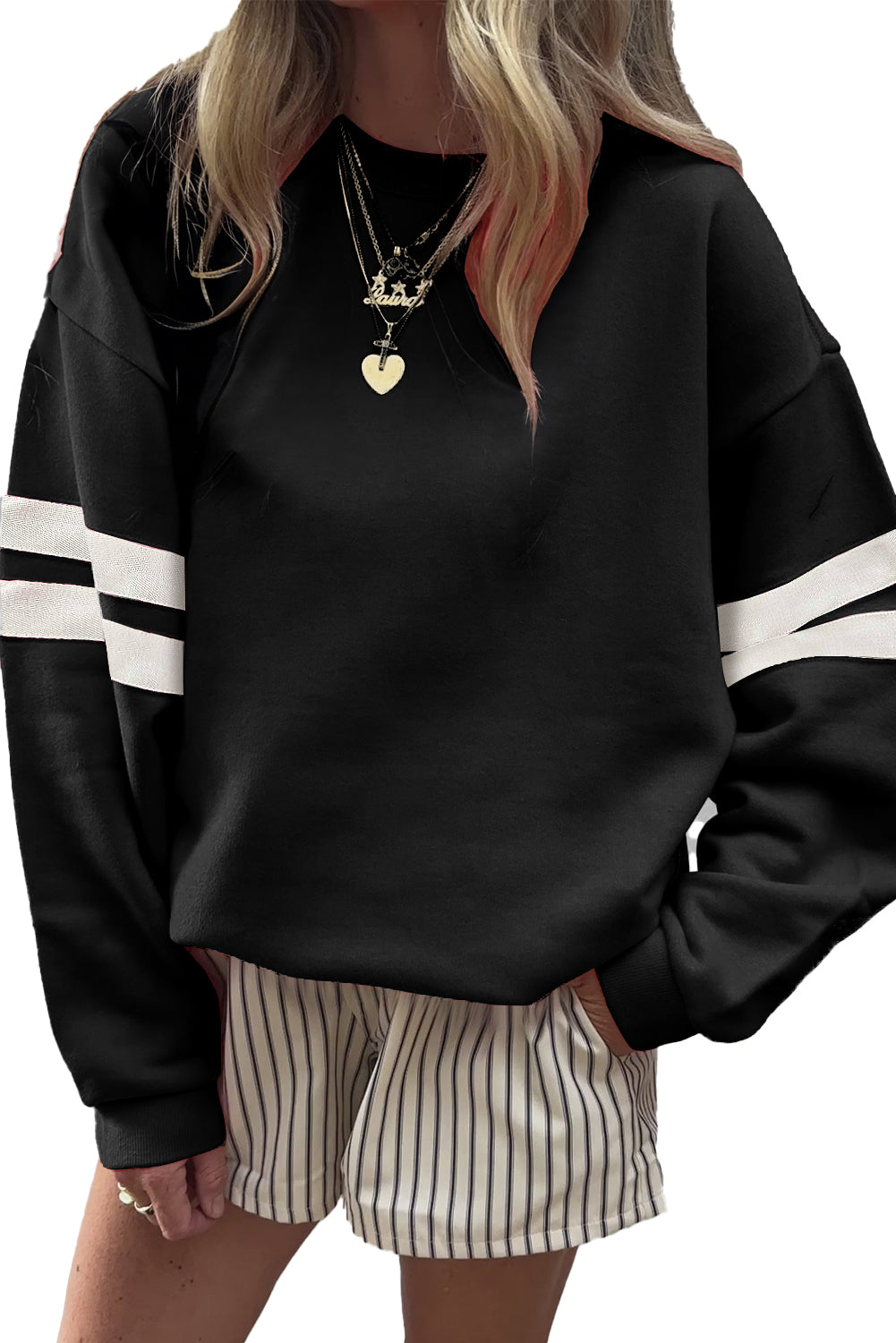 Navy Blue Varsity Striped Detail Drop Shoulder Oversized Sweatshirt