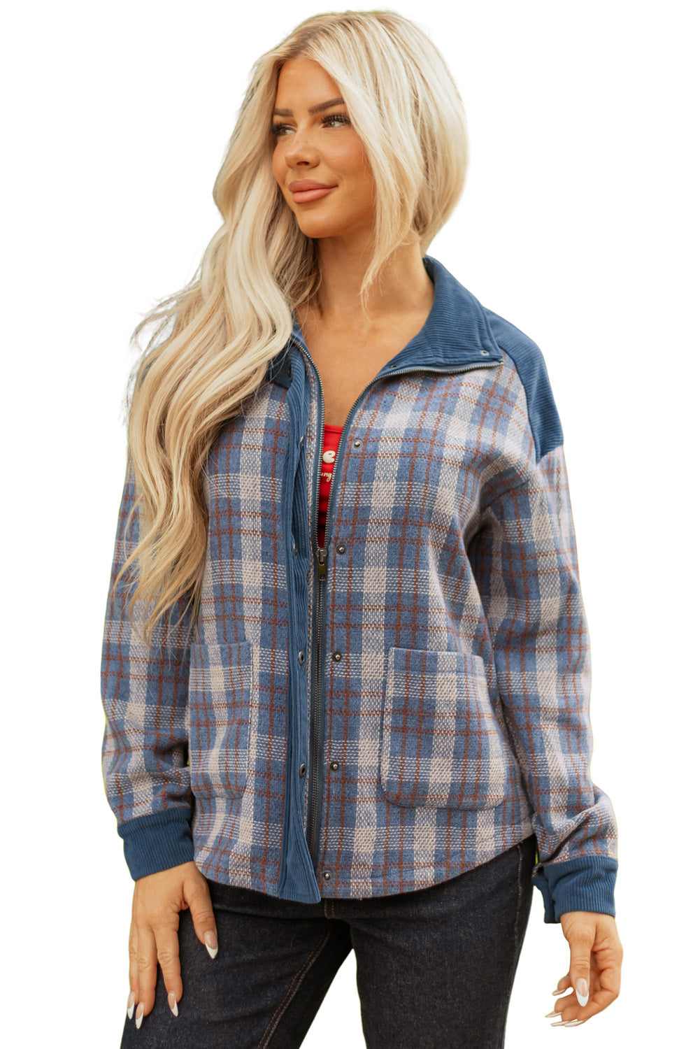 Gray Plaid Corduroy Patchwork Collared Zip Up Snap Button Jacket