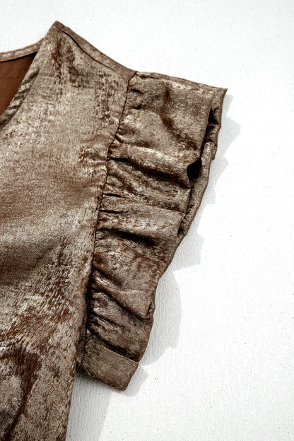 Gold Metallic Round Neck Ruffle Trim Sleeveless Top