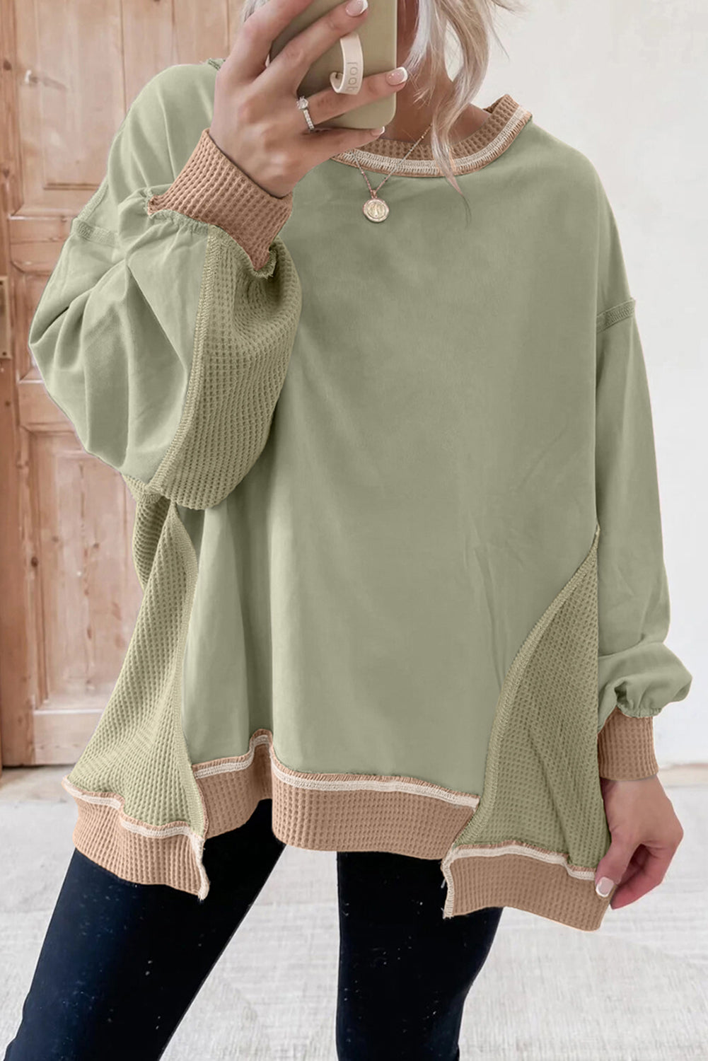 Smoke Green Color Block Mix Texture Waffle Patchwork Oversize Sweatshirt