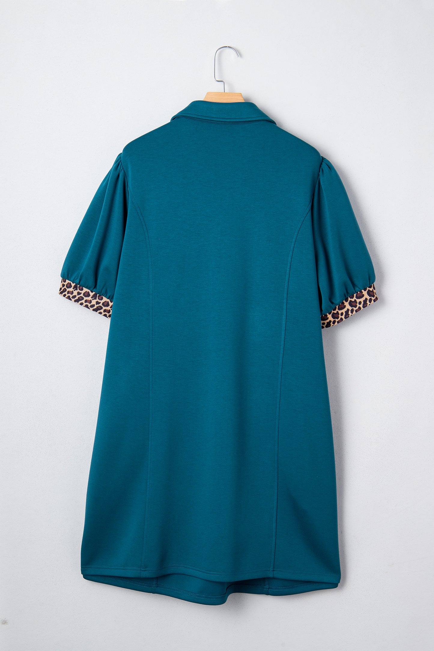 Sea Green Leopard Patchwork Detail Quarter Zip Collared Plus Size Mini Dress
