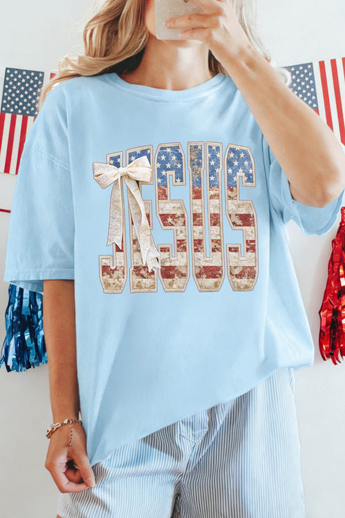Light Blue Patriotic JESUS Letter Print Shift T Shirt