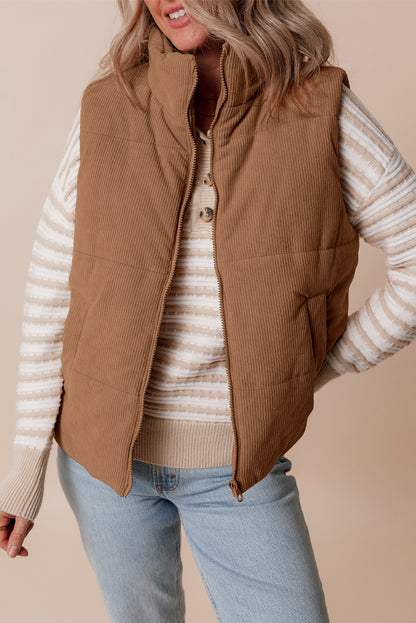 Apricot Pink Corduroy Stand Neck Zipped Puffer Vest