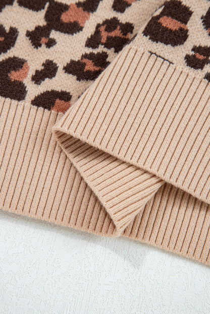 Khaki Leopard Print High Neck Shift Mini Sweater Dress