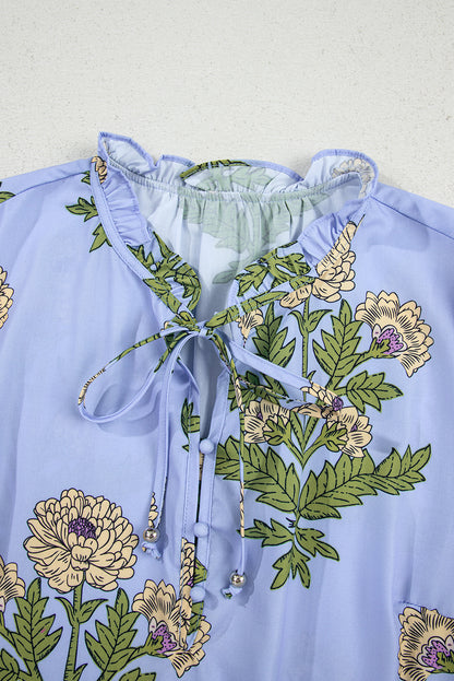 Sky Blue Floral Print Button Tie Neck Long Puff Sleeve Blouse