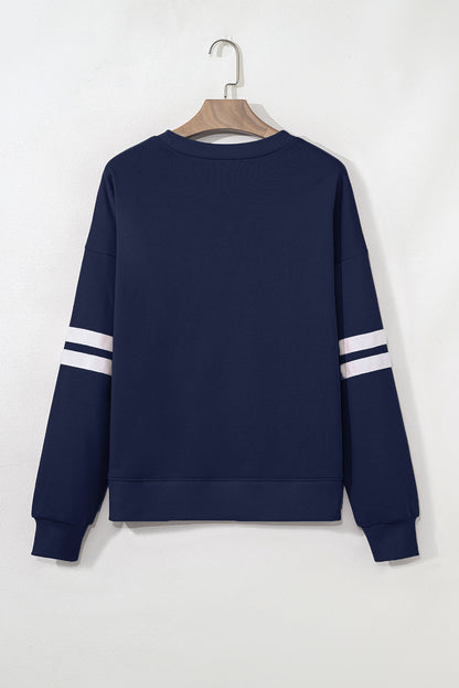 Navy Blue Varsity Striped Detail Drop Shoulder Oversized Sweatshirt