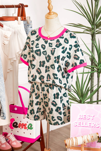 Brown Unique Leopard Print Contrast Trim Top Loose 2pcs Short Set