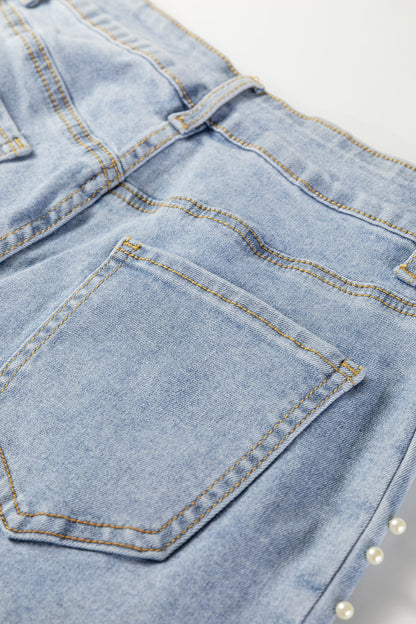 Beau Blue Mid Rise Pearl Embellished Split Wide Leg Jeans