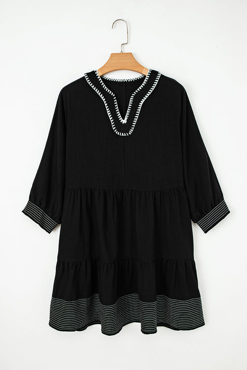 Black Contrast Stitched V Neck 3/4 Sleeve Tiered Mini Dress