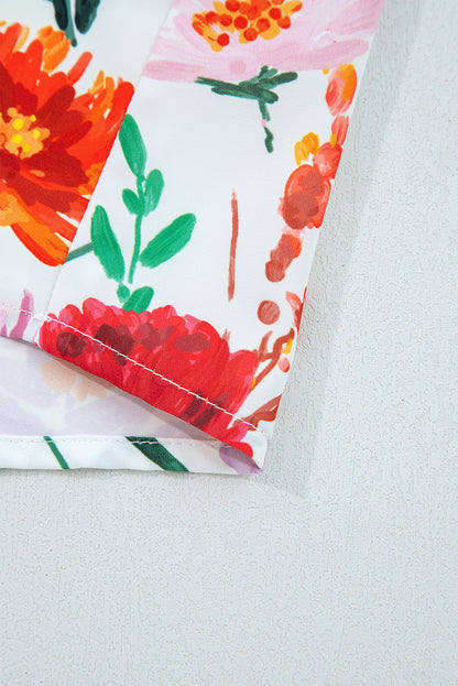 Beige Floral Print 3/4 Puff Sleeve Ricrac Trim Mini Dress