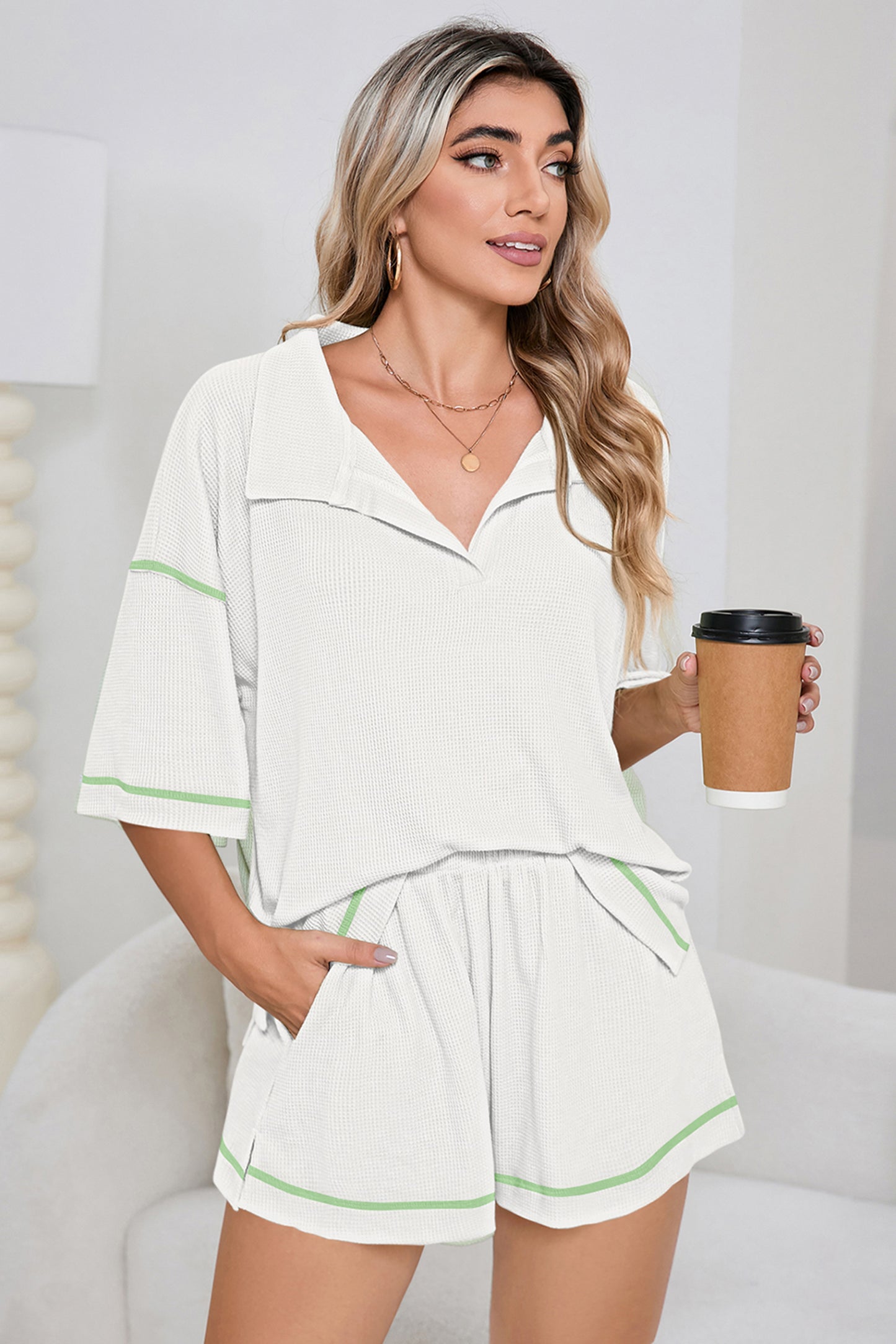 Pink Breathable Waffle Color Block Trim 2pcs Casual Short Set