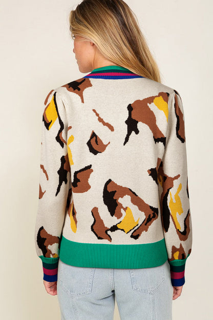 Apricot Contrast Ribbed Stripes Detail Animal Pattern Knit Sweater