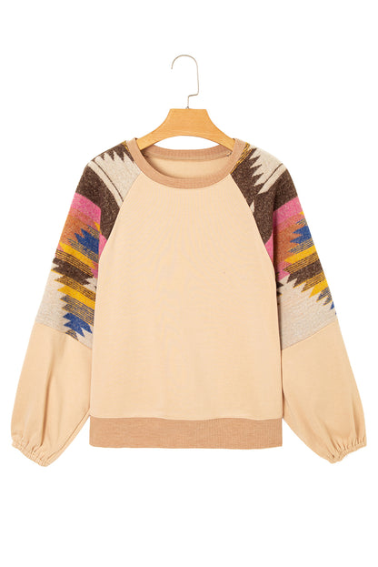Light French Beige Aztec Patchwork Raglan Pullover Sweatshirt