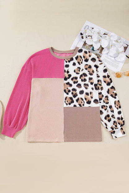 Rose Red Plus Size Twisted Ribbed Color Block Leopard Patchwork Long Sleeve Top