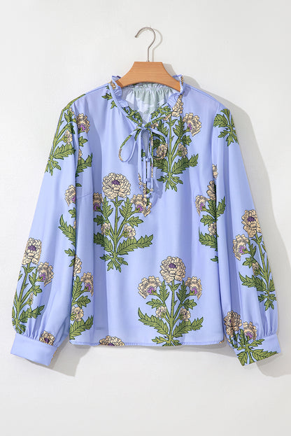 Sky Blue Floral Print Button Tie Neck Long Puff Sleeve Blouse