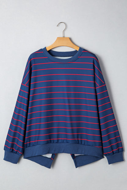 Blue Stripe Stylish Overlap Detail Drop Shoulder Pullover Sweatshirt