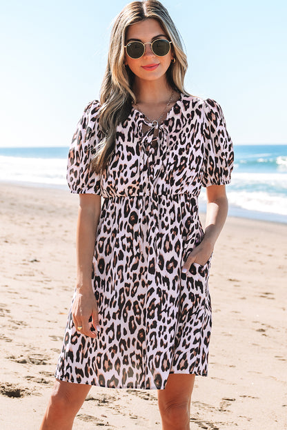 Brown Leopard Tied Front Keyhole Puff Short Sleeve Mini Dress