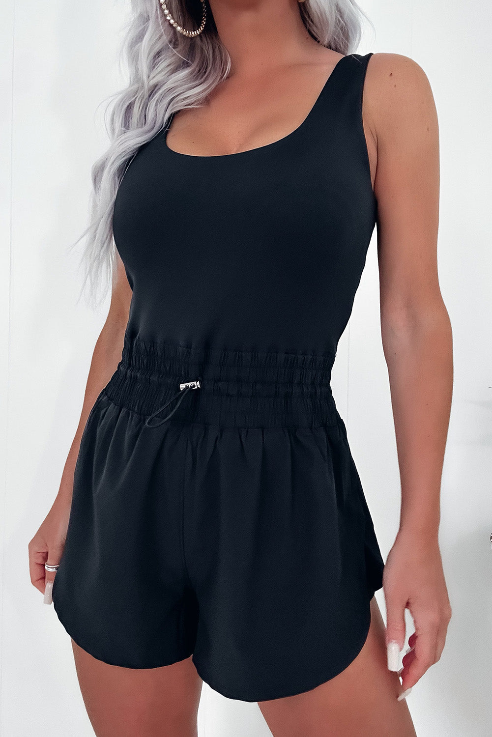Myosotis Plain Sleeveless Loop Drawstring Cinched Waist Romper